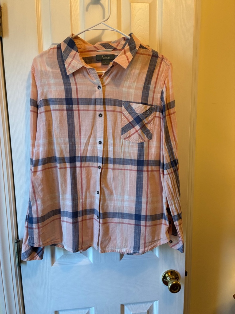 Natural Reflections Peach and Navy Plaid Button-Down Shirt